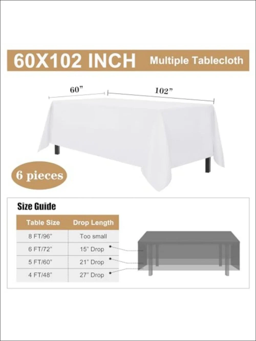 6 Pack Table Cloths 60x102 Inch Polyester Rectangle Tables 6ft